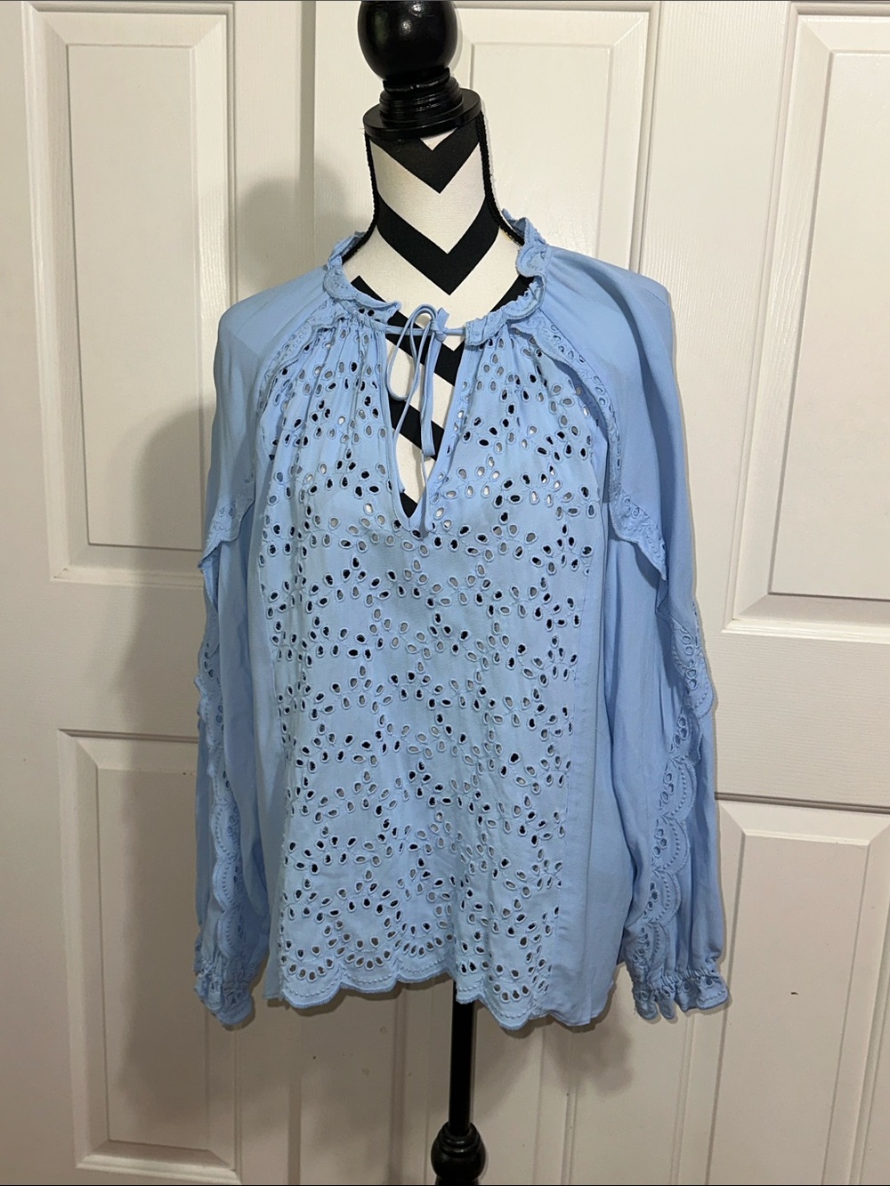 Reiss Light Blue Eyelet Tie-Neck Blouse